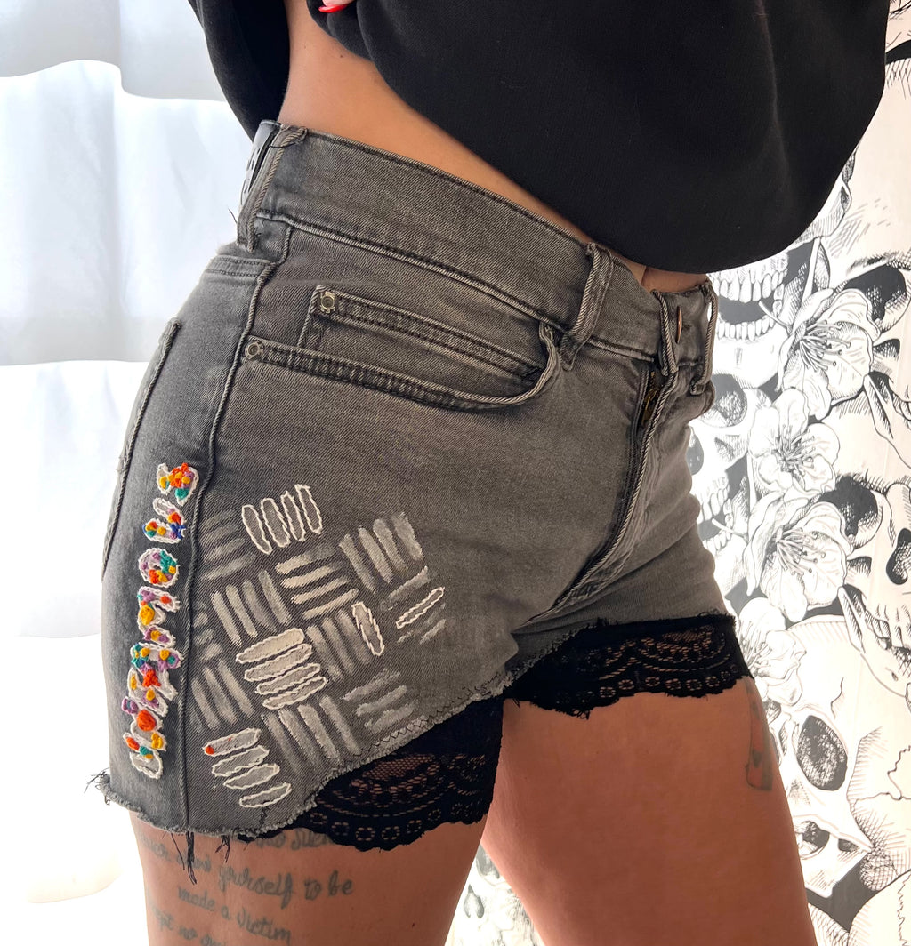 Black Embroidered Jean/Lace Shorts